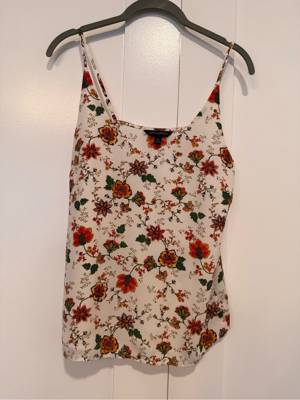 Banana Republic White Floral Spaghetti-Strap Cami with Red & Green Accents